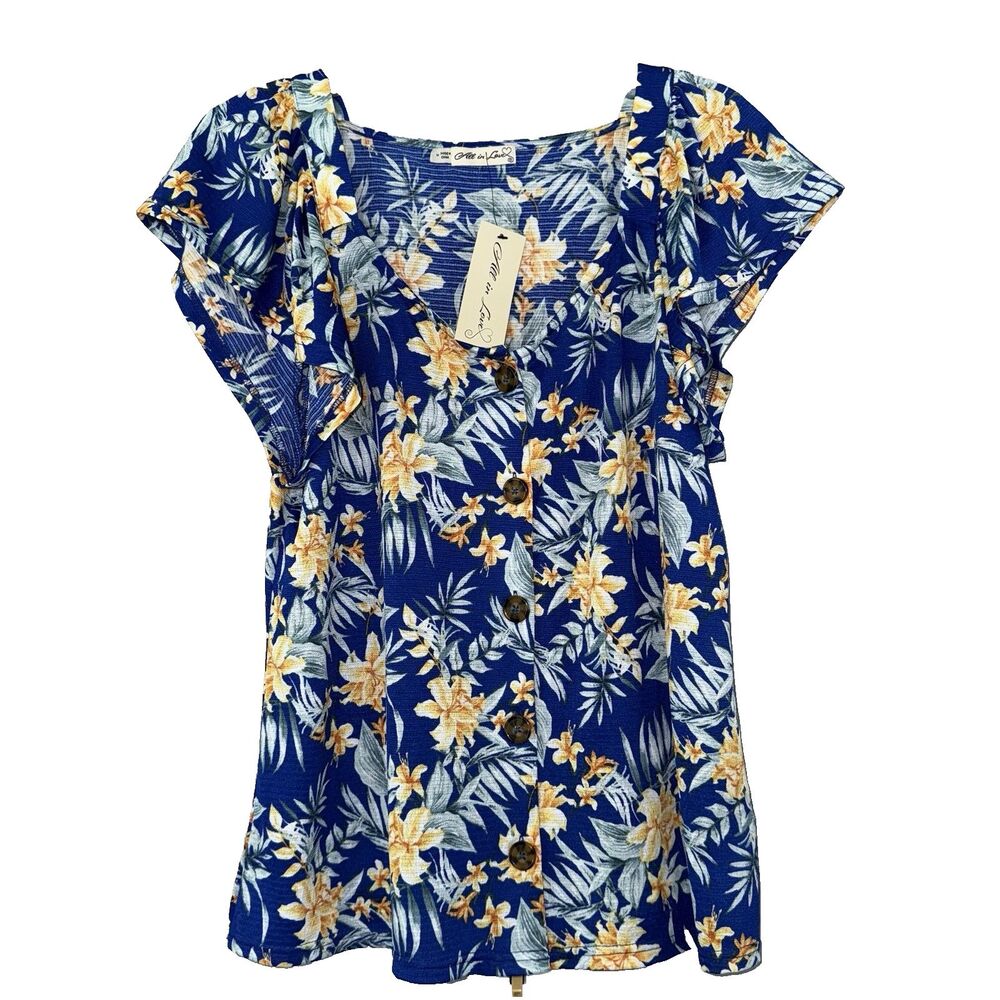 All in Love Blouse size M blue print floral tropical beach vacation summer